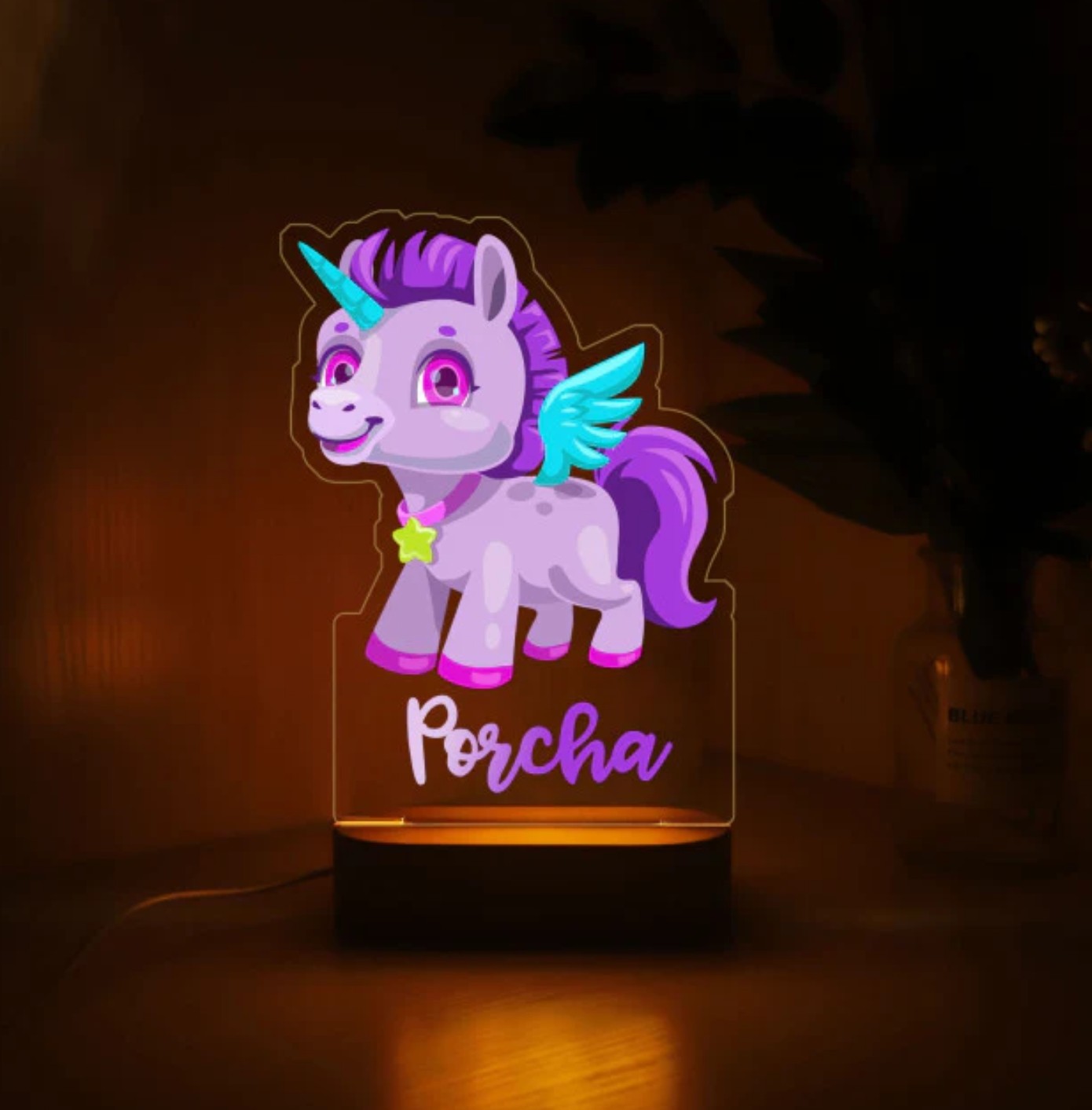 Personalisierbare Acryl Lampe Einhorn farbig