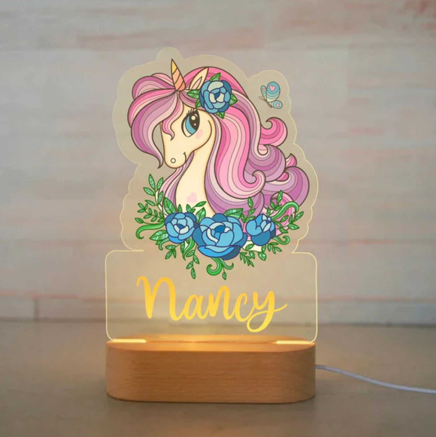 Personalisierbare Acryl Lampe Einhorn mit Blumen